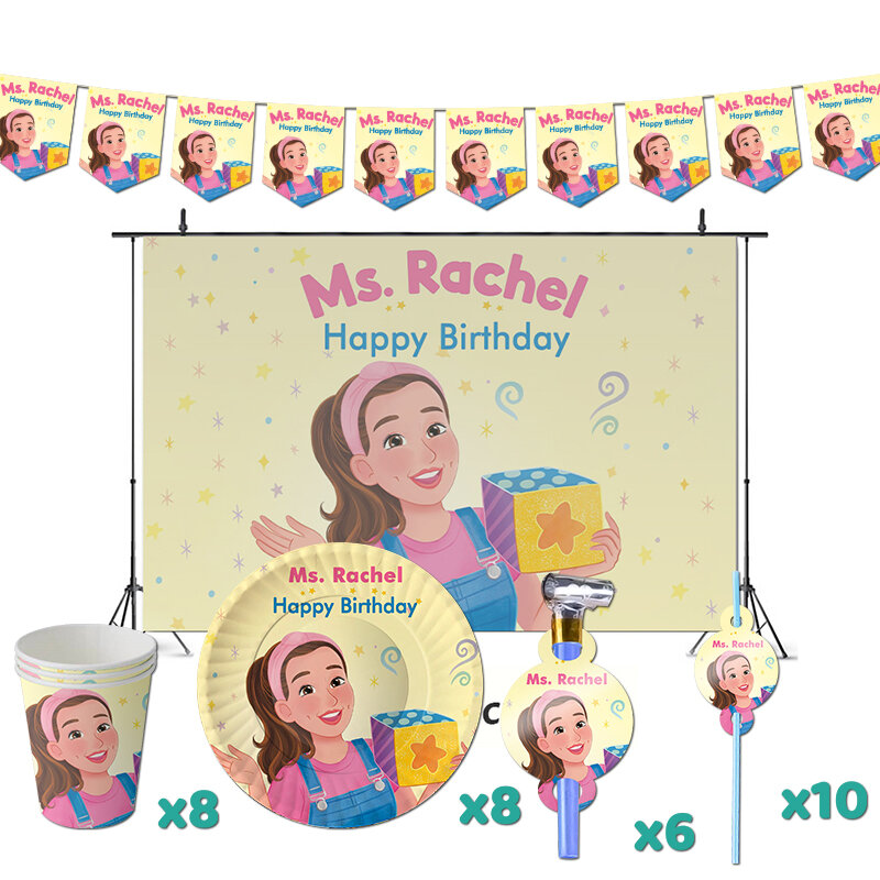 زينة حفلة عيد ميلاد Ms Rachel ، مستلزمات موضوع الفيديو للتعلم ، لافتة ، أكواب ، أطباق للأطفال ، طفل صغير