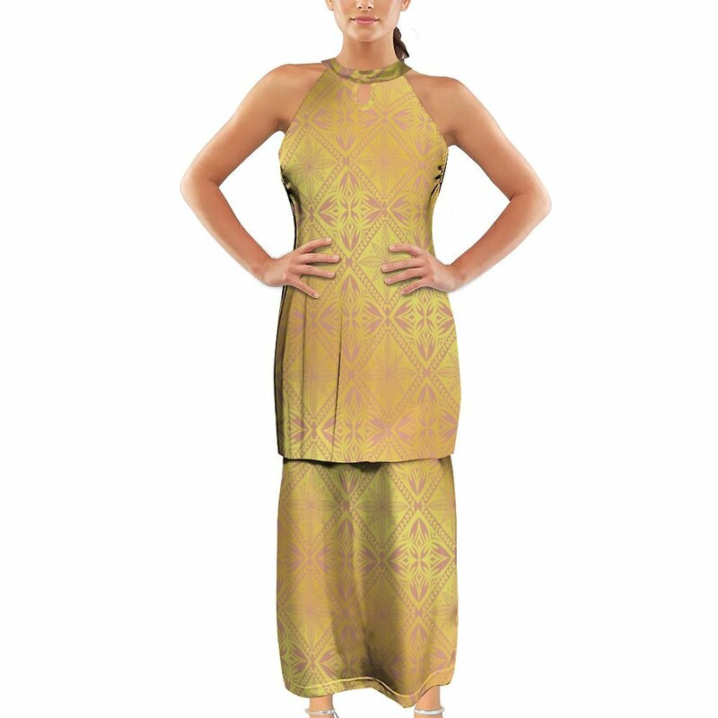 فستان ساموي أنيق للنساء ، فستان مثير مكشوف الكتفين ، مصنوع خصيصًا من القبائل البولينيزية ، قطعتان