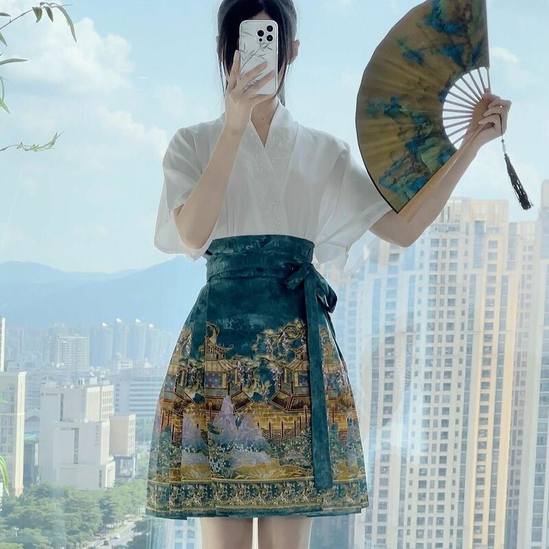 تنورة نصف هانفو معدلة للنساء ، مطبوعة عالية الخصر ، عصرية وجميلة ، علامة تجارية جديدة ، شارع الربيع والصيف