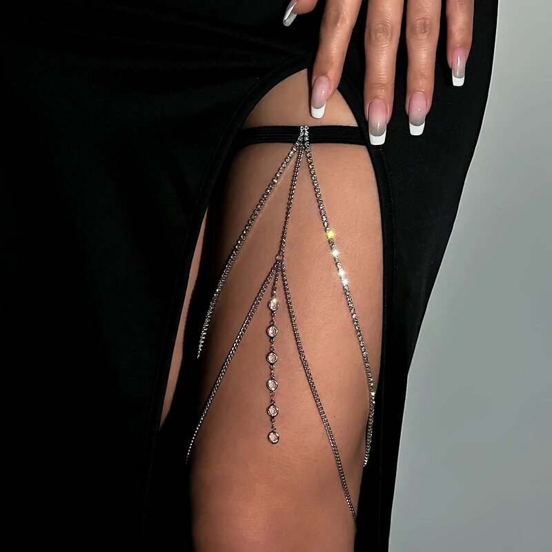 IngeSight.Z البوهيمي كريستال مطاطا الساق الفخذ سلسلة للنساء مثير متعدد الطبقات شرابة حجر الراين تسخير قابل للتعديل الجسم مجوهرات