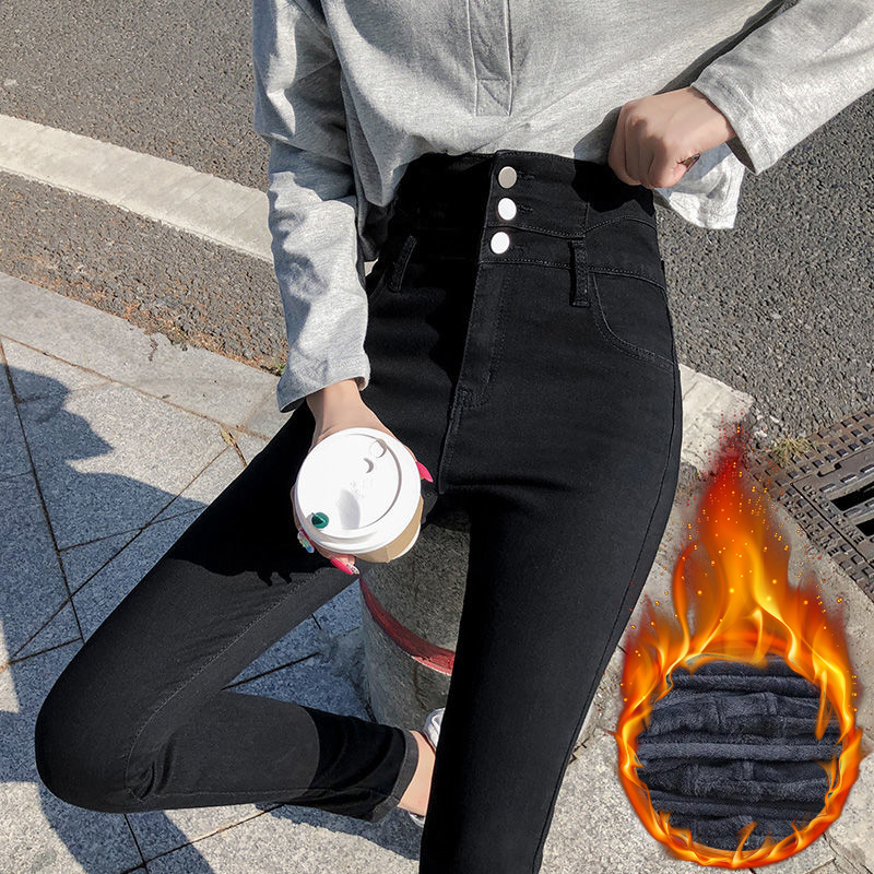 سراويل جينز شتوية مبطنة مصنوعة من القطيفة عالية الخصر من Streetwear سروال دينم ضيق وسميك للنساء بنطلون ضيق من Vaqueros