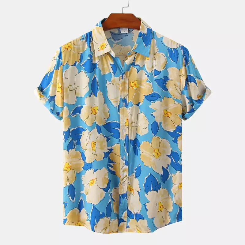 قميص رجالي قصير الأكمام واسع بطباعة زهور ، قميص منتجع كلاسيكي فضفاض ، طراز هاواي الاجتماعي للشاطئ ، أزياء غير رسمية ، الصيف