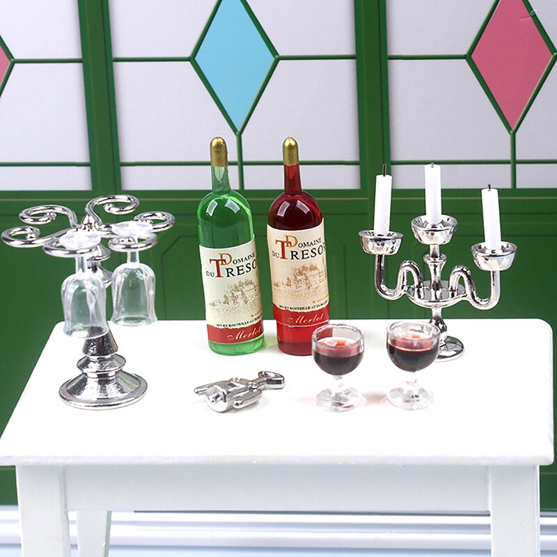 دمية مصغرة شمعدان النبيذ الأحمر ، نموذج كأس النبيذ ، شمعة رومانسية ، مشهد عشاء ديكور لعبة ، 1 مجموعة ، 1:12 ، 1:6 مقياس