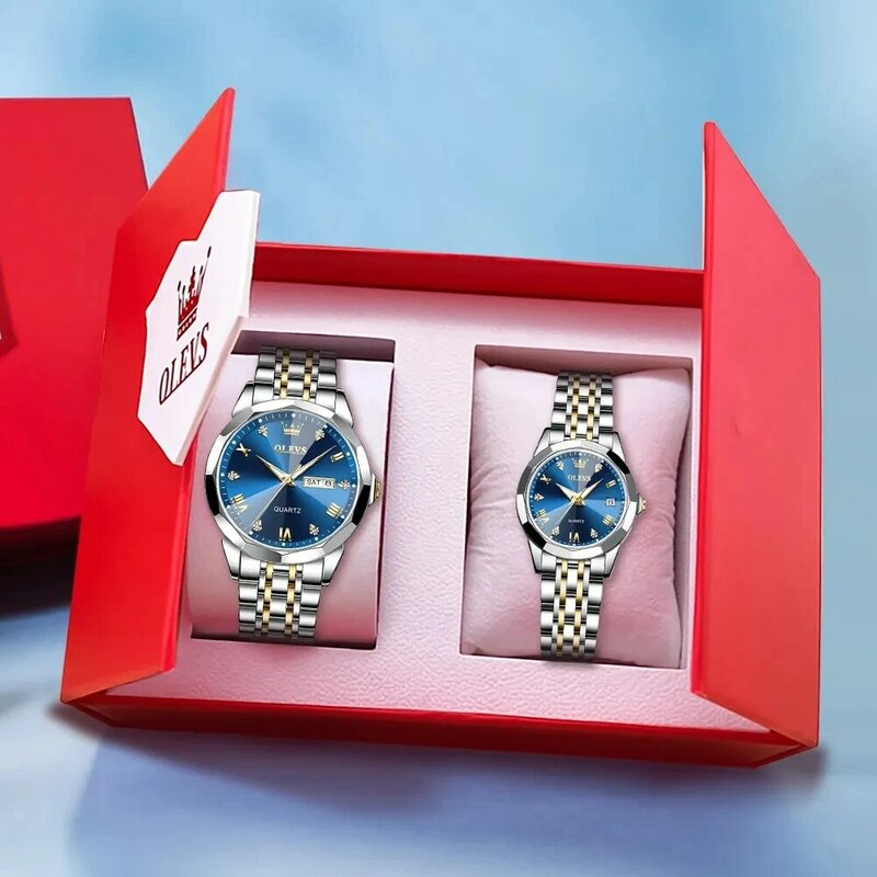 OLEVS-طقم ساعات زوجين لها ، ساعة يد كوارتز للرجال والنساء ، حزام صلب مقاوم للصدأ ، تصميم معين ، هدايا ساعة العشاق