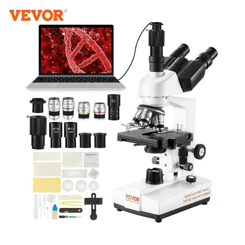 VEVOR-مجهر ثلاثي العينيات مجمع ، مجهر مختبر التكبير ، إضاءة LED ، واجهة خارجية ، 40X-2500 ، 40X-5000X