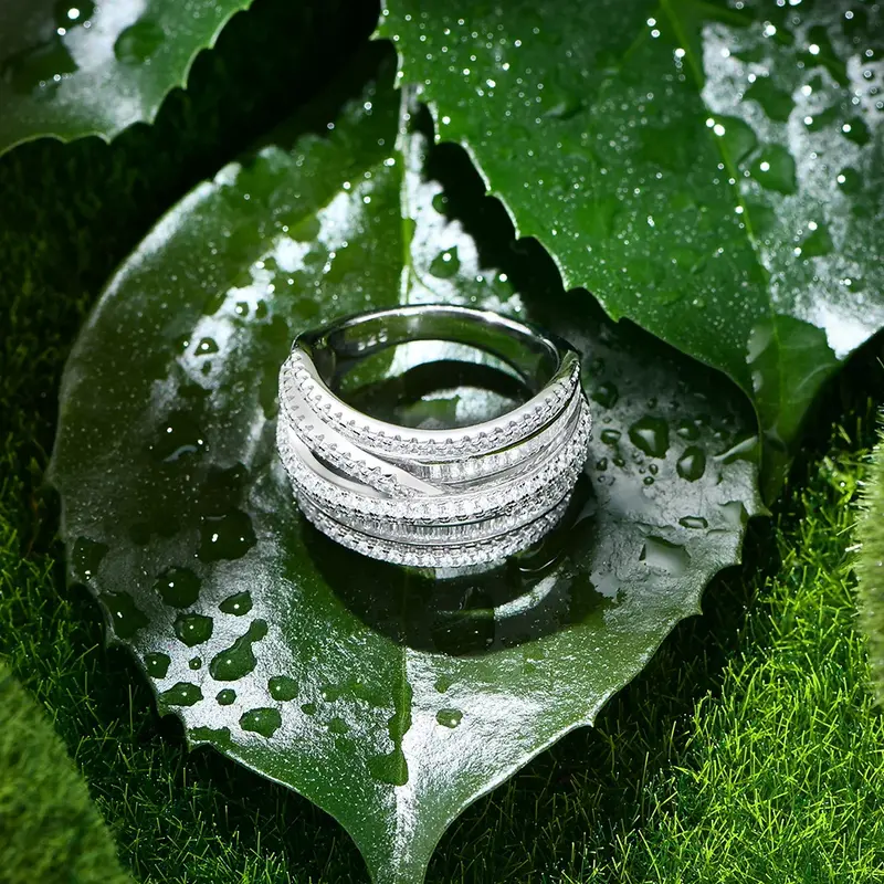 خاتم من الفضة النقية مع ماس كامل مرصع بالماس للنساء ، يحيط بطبعة واسعة ، خطوط شخصية أصلية ، نماذج جديدة