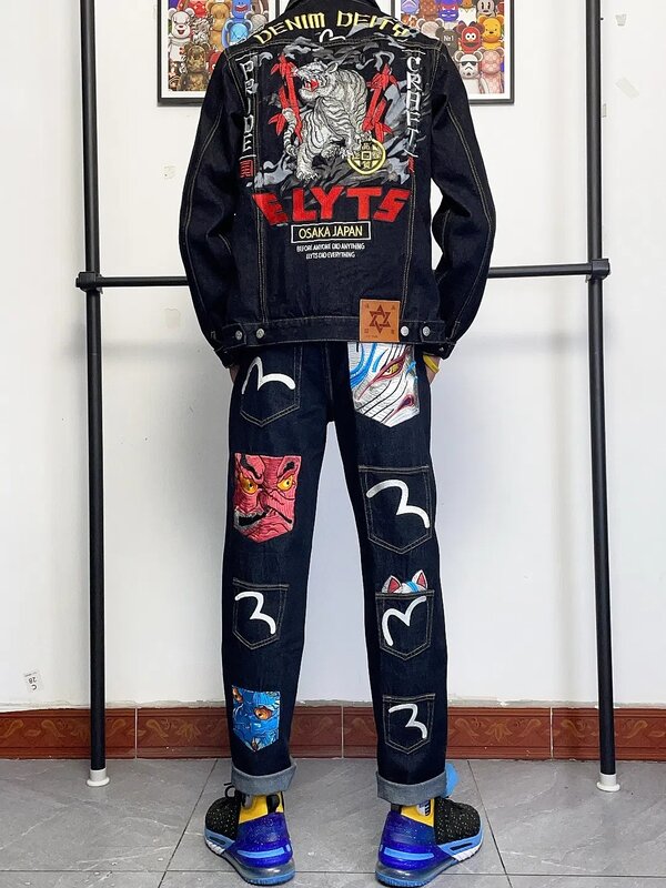 سراويل هاراجوكو Y2k غير رسمية سراويل افيسوس جينز فضفاض مطرزة بأرجل واسعة مستقيمة للرجال ملابس شارع هيب هوب