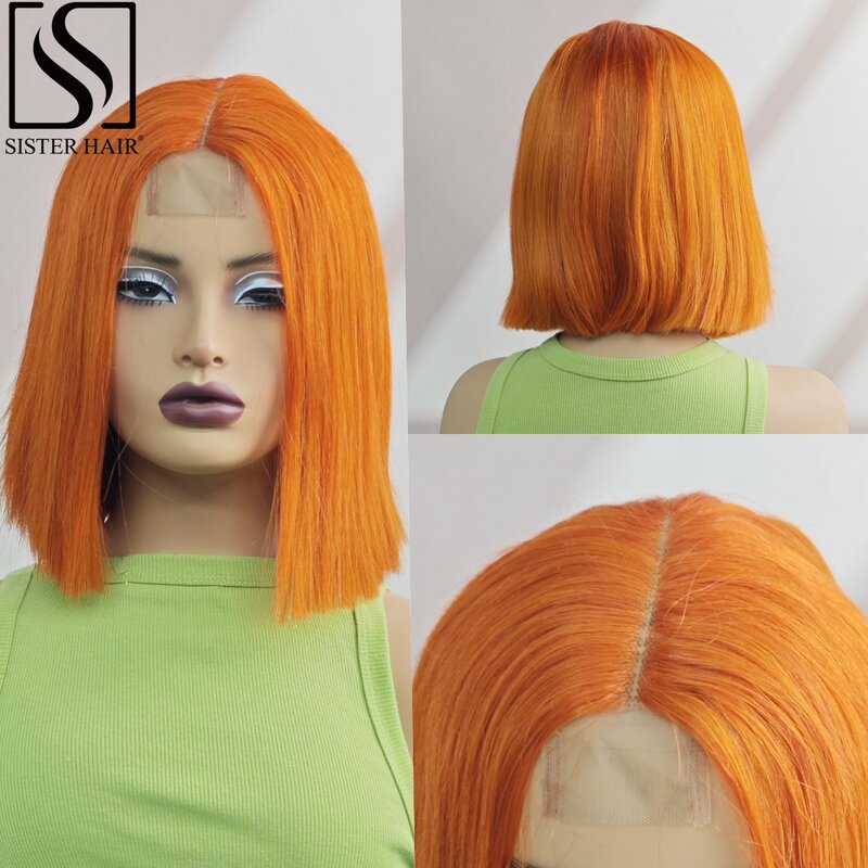 باروكة بوب قصيرة مستقيمة ، شعر بشري برازيلي ملتف مسبقًا ، كثافة ، زنجبيل برتقالي ، دانتيل 2 × 6