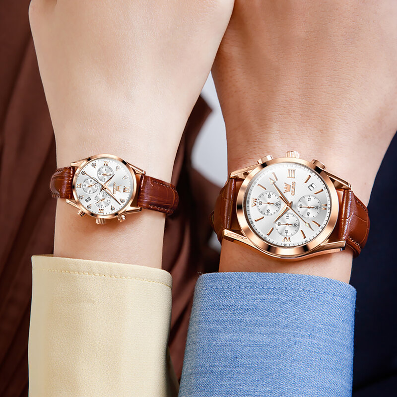 ساعة زوجين مقاومة للماء من OLEVS للرجال والنساء ، ساعة يد كوارتز ، حزام جلدي ، تصميم كرونوغراف ، هدايا العشاق