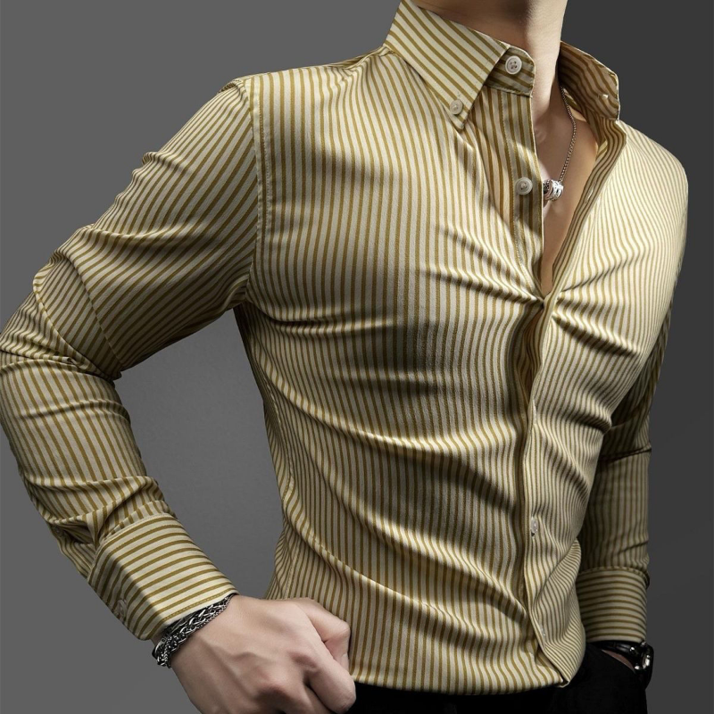 قميص رجالي بسيط بأكمام طويلة ، ياقة مطوية صلبة ، قميص كاجوال ذكي بأزرار ، متعدد الاستخدامات ، توب مخطط نحيف ، موضة فاخرة خفيفة ، جديدة ، ربيعية