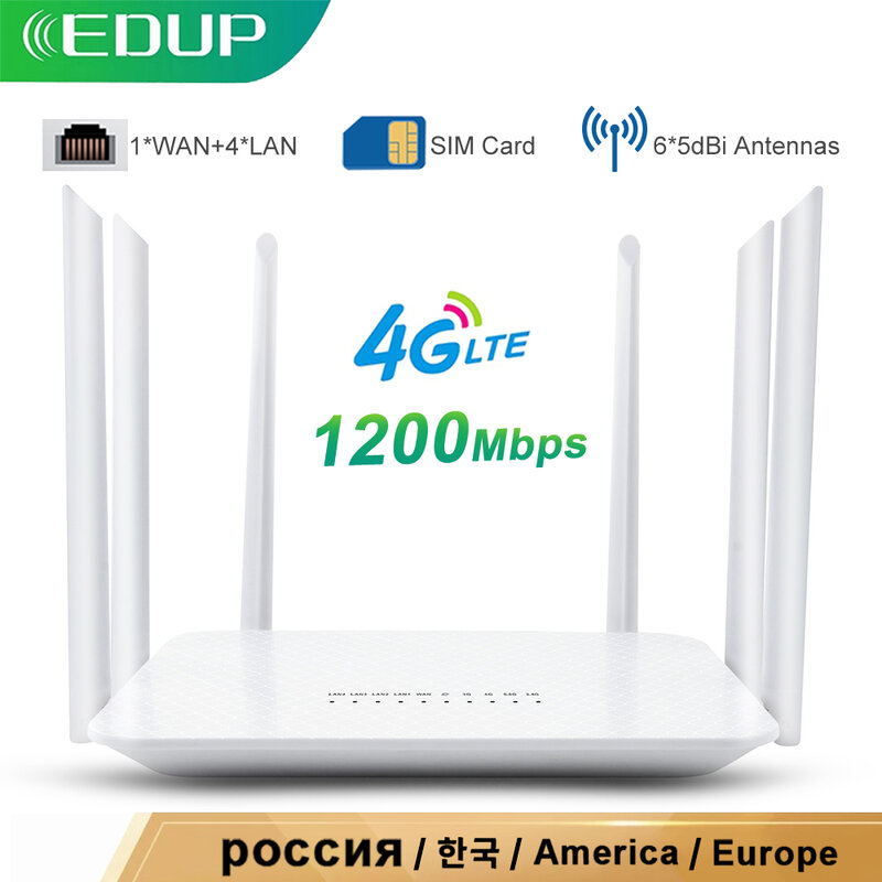 EDUP 4G موزع إنترنت واي فاي 1200Mbps موزع إنترنت واي فاي لاسلكي سيم فتحة للبطاقات Rj45 راوتر LTE 2.4G/5GHz ثنائي النطاق 4G راوتر لاسلكي هوت سبوت