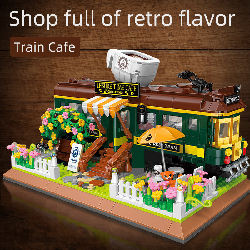 الكلاسيكية الإبداعية ماكينة القهوة اللبنات موكا وعاء صغير الطوب Streetview قطار مقهى نموذج لعب للبالغين الأصدقاء