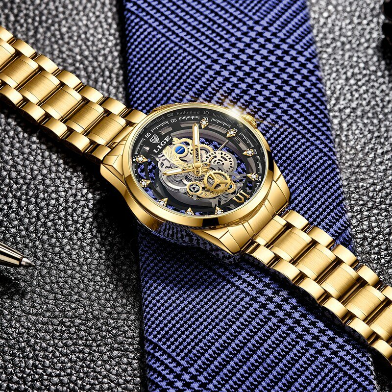 ساعة يد رجالية جديدة من LIGE ساعة يد كوارتز بهيكل عظمي ذهبي ساعة رجالية عتيقة ساعة فاخرة من أفضل العلامات التجارية ساعات رجالية