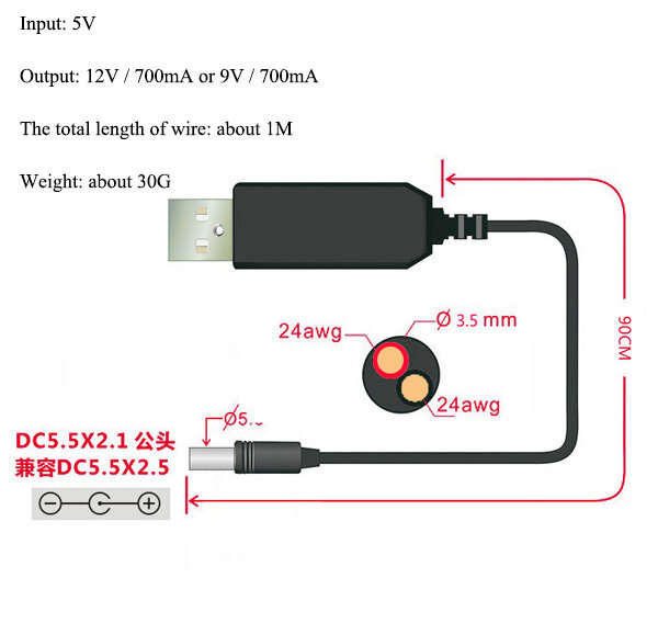 TZT-USB خط تعزيز الطاقة ، تيار مستمر 5 فولت إلى تيار مستمر 9 فولت ، 12 فولت ، خطوة حتى وحدة ، محول USB ، كابل التوجيه 2.1x5.5 مللي متر التوصيل