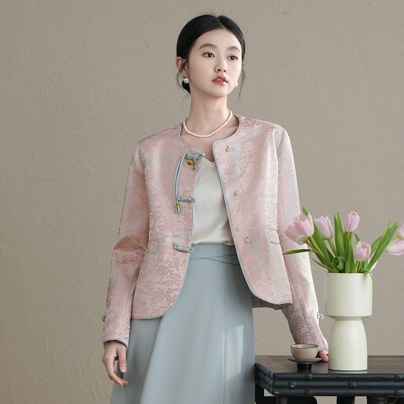 Miiiix-معطف نسائي بصدر واحد ، تصميم أزياء صينية ، بلوزة جاكار ربيعية ، معطف برقبة مستديرة ، ملابس نسائية ، جديد ،