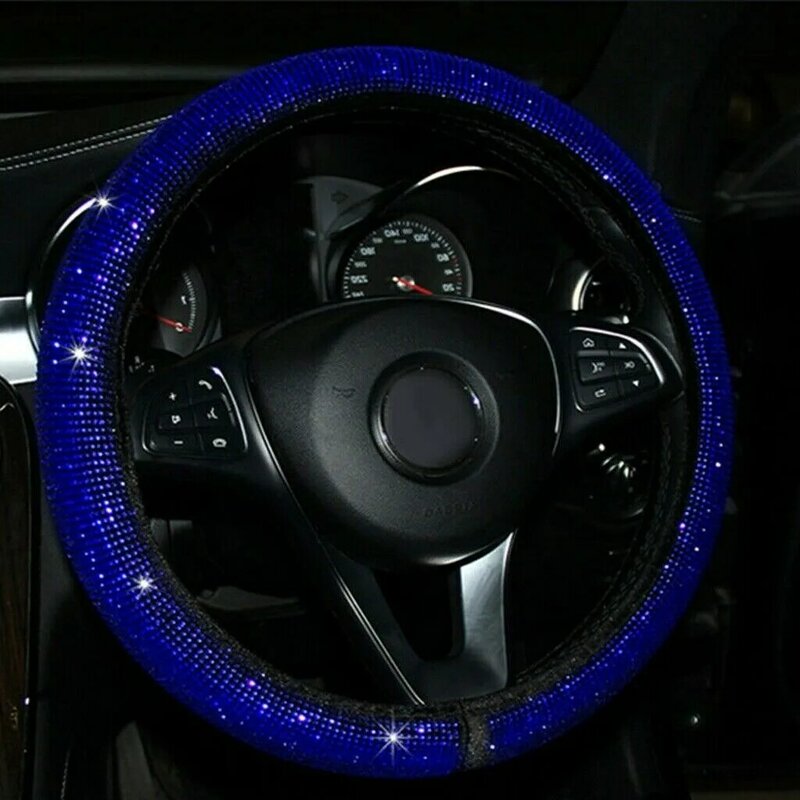 حجر الراين غطاء عجلة القيادة سيارة ، أسود أفخم الأزرق ، ترقية عالمية ، 1 × الملحقات ، الكريستال ، دائم ، والأزياء