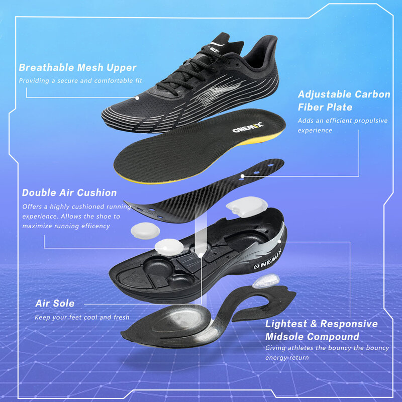 حذاء رياضي رجالي من ONEMIX مصنوع من الكربون للجري باللون الأسود قابل للتنفس ذو علامة تجارية فاخرة ومقاوم للاهتراء حذاء رياضي للمشي في الهواء الطلق