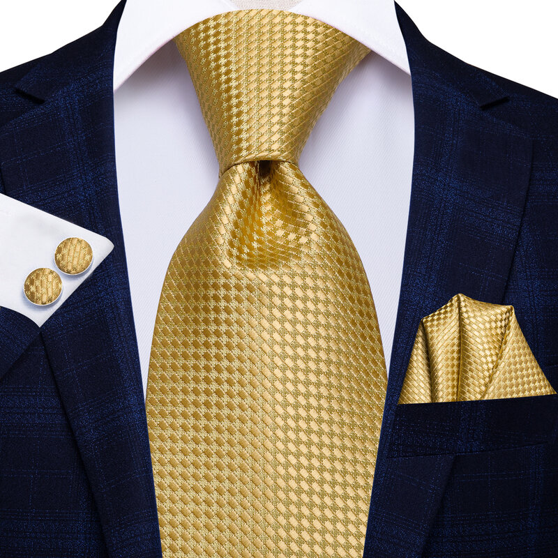 ربطة عنق رجالية من الحرير ، ربطة عنق عالية الجودة ، لون ذهبي وأزرار أكمام منديل ، طقم بدلة حفل زفاف أصفر للرجال
