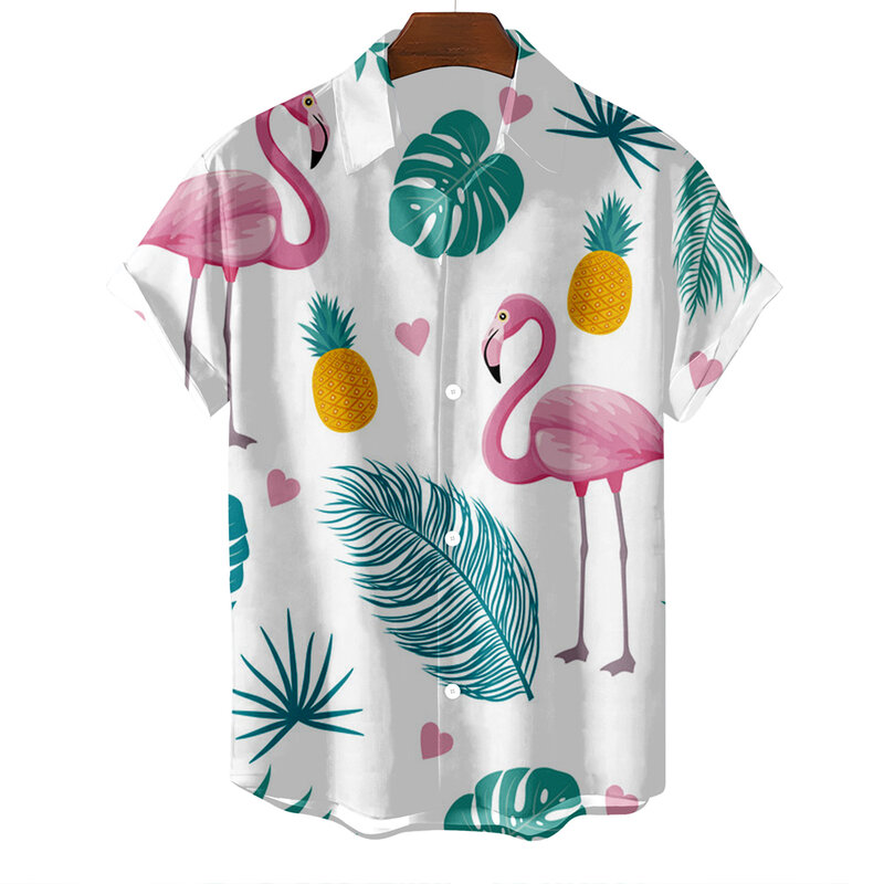 قميص هاواي للرجال بأكمام قصيرة ، فلامنغو مطبوع ، بلوزة كاجوال اجتماعية ، ملابس فاخرة ، موضة ، صيف