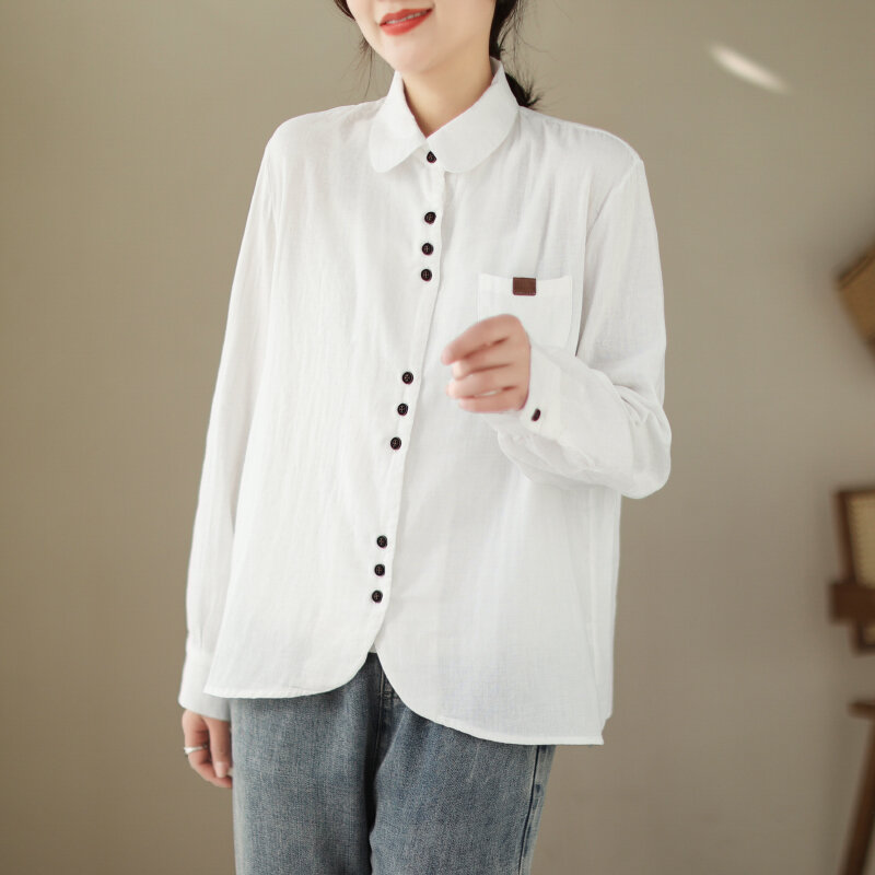 الكورية نمط المرأة القطن قمصان Vintage كم طويل بيتر بان طوق الإناث بلايز مكتب سيدة الأساسية قميص البلوزات امرأة بلوزة