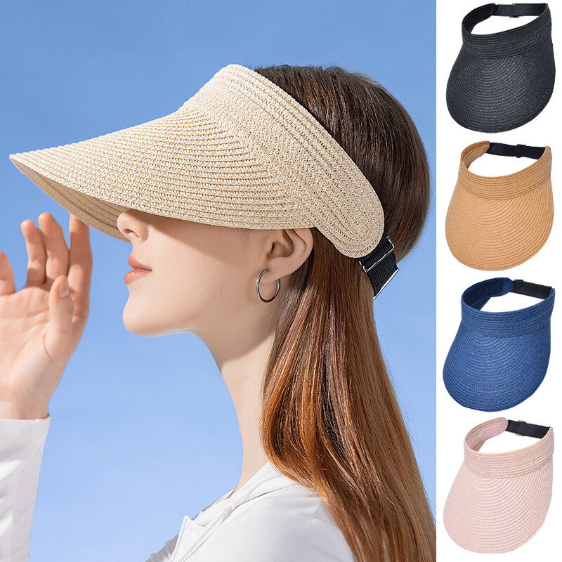 قبعة قش رافيا بحافة كبيرة للنساء ، عصابة عرق صيفية ، قبعة حماية من أشعة الشمس ضد أشعة فوق البنفسجية ، قبعات علوية فارغة صلبة قابلة للتعديل ، أزياء كورية