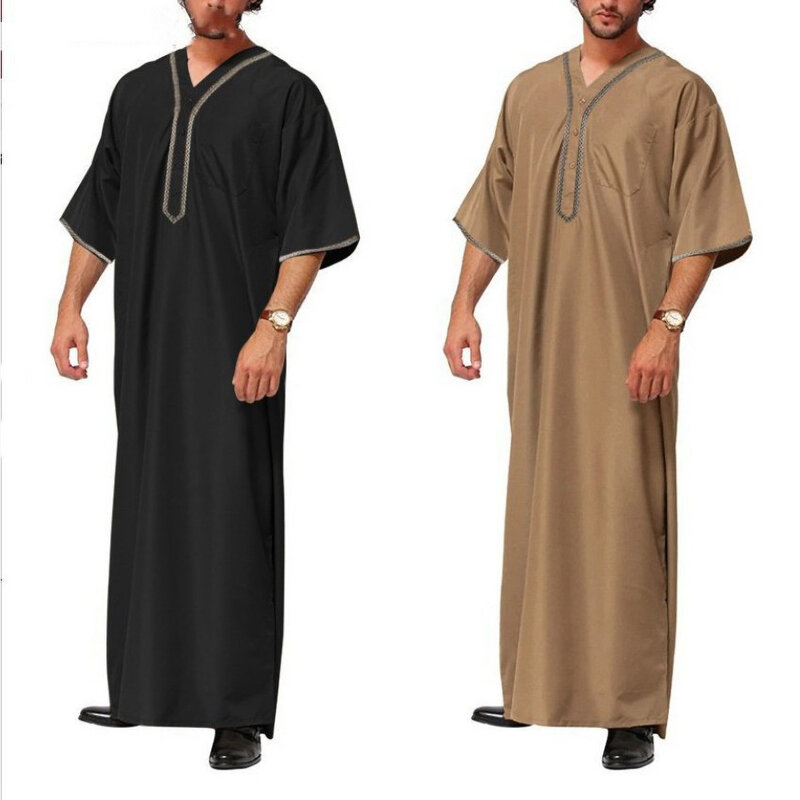 2023 رداء عربي إسلامي للرجال نصف كم بلون سادة رقبة على شكل V ملابس مسلمة عتيقة غير رسمية للشرق الأوسط دبي ثوب رجالي