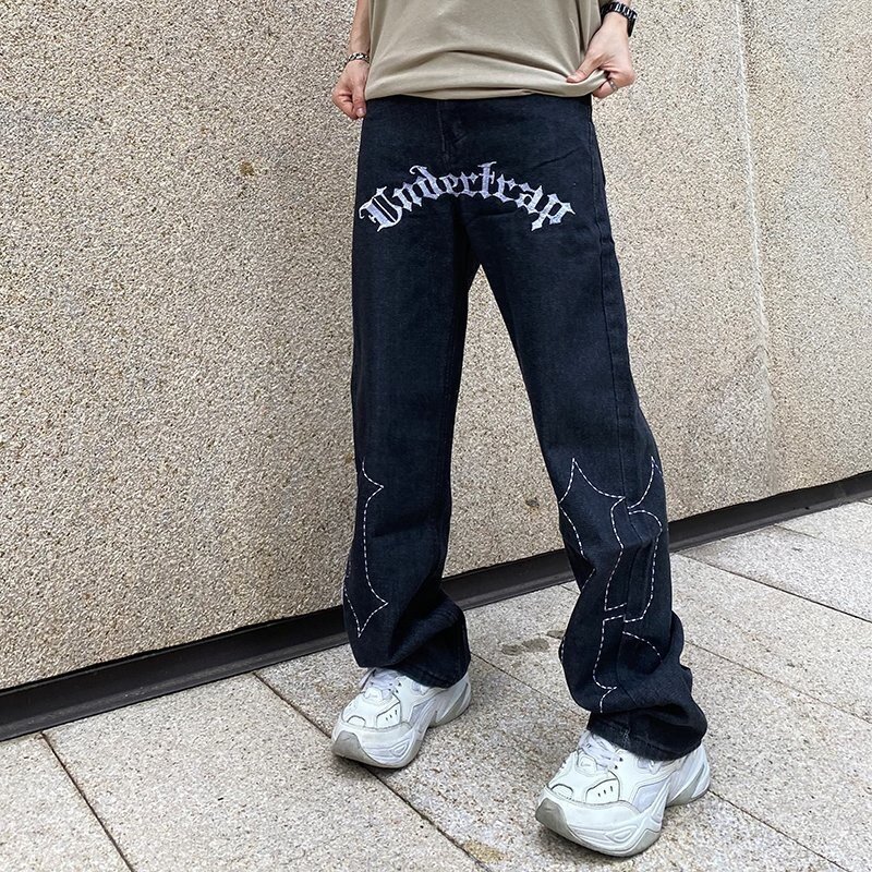 Harajuku إلكتروني طباعة الهيب هوب رجالي أسود الشارع الشهير واسعة الساق مستقيم الجينز السراويل Alt مستقيم سراويل جينز الرجال الملابس
