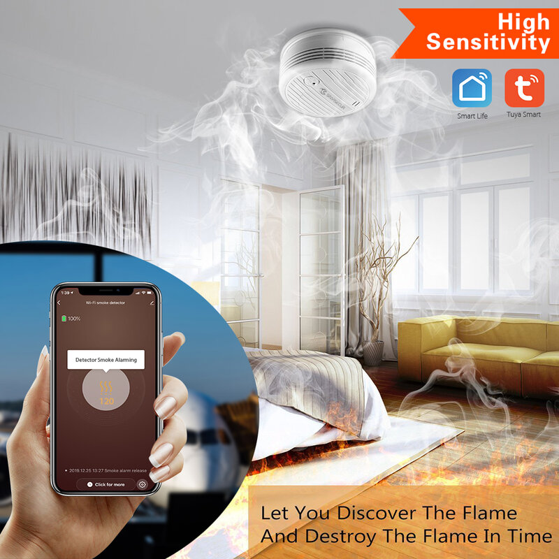 SMARSECUR واي فاي كاشف الدخان حساسات الدخان حساسة للغاية للحياة الذكية app التحكم السلطة من قبل Tuya