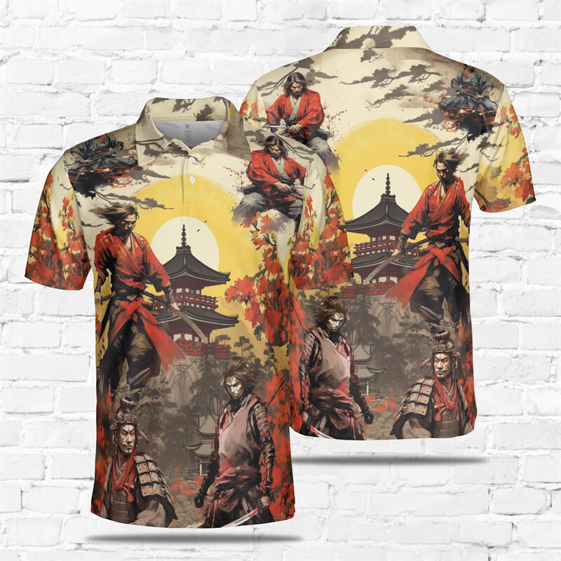قميص بولو بأكمام قصيرة للرجال ، هاراجو ساموراي جرافيك ، محارب ، ملابس هيب هوب ، قميص بولو فارس ياباني ، أزرار علوية ، الصيف