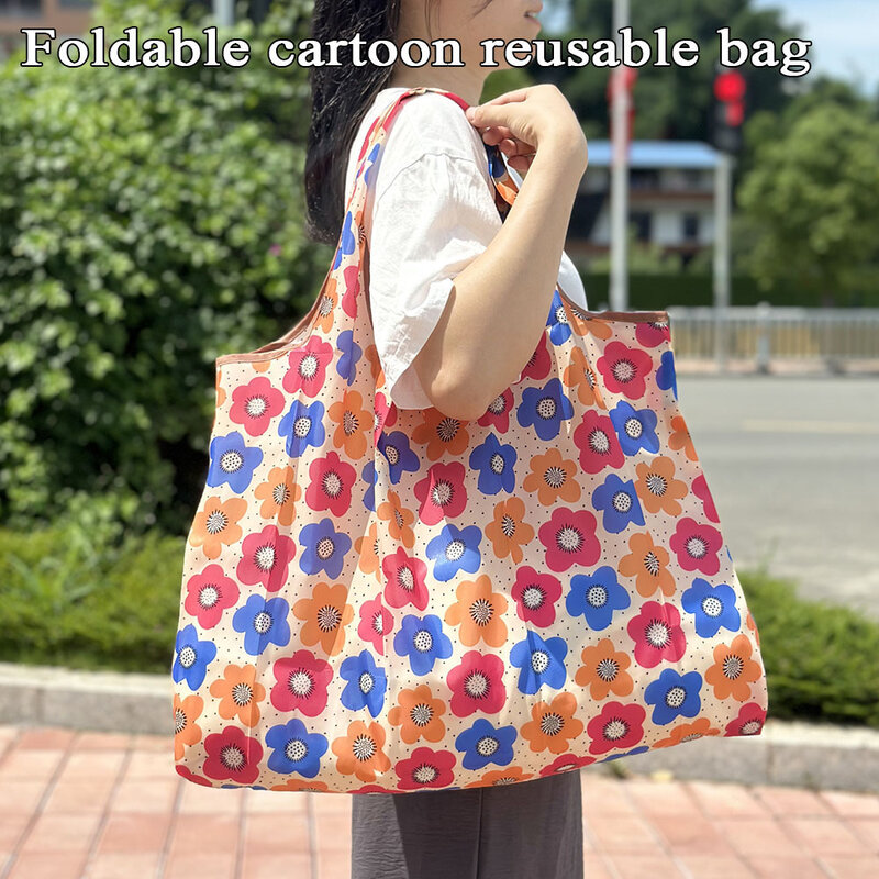 حقيبة تسوق كبيرة قابلة لإعادة الاستخدام ، زهور وحيوانات مطبوعة ، قابلة للطي ، إعادة تدوير ، حقيبة كتف محمولة ، حقائب يد ، حقيبة تخزين