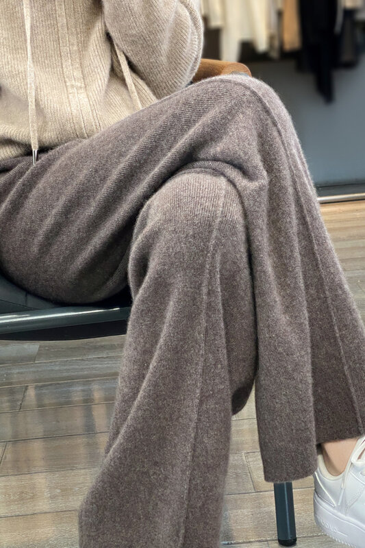المرأة عالية الخصر محبوك السراويل ، غير رسمية واسعة الساق السراويل ، شنق خارج السراويل الصوفية ، جديد ، الخريف والشتاء ، 2023