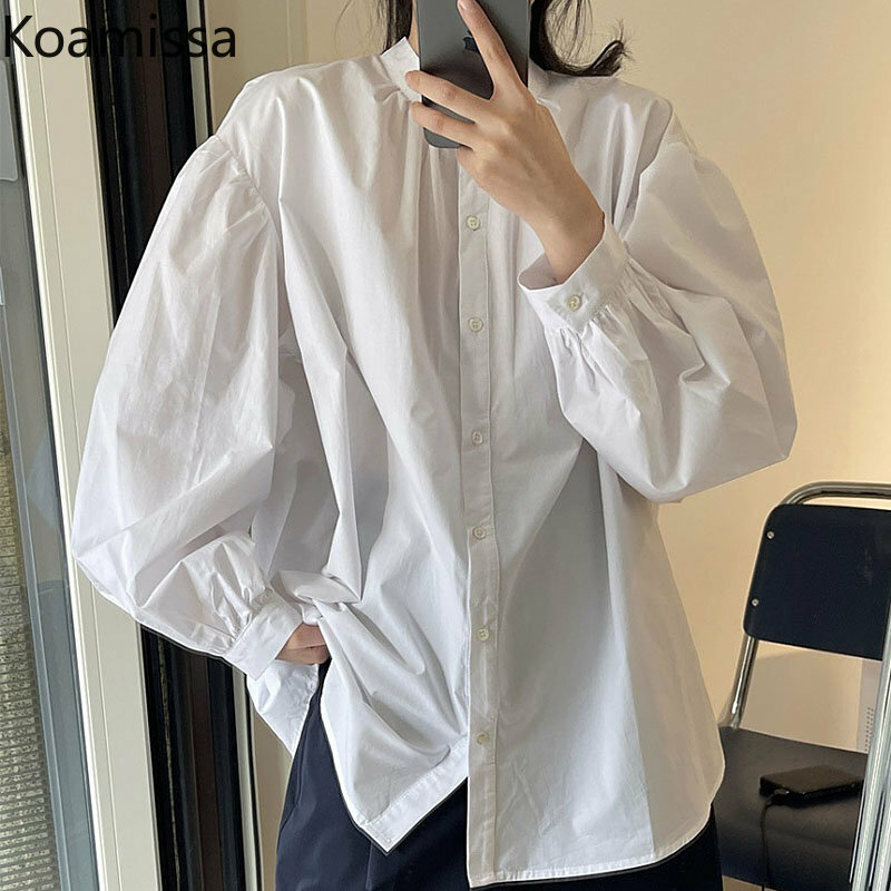 جديد من koamisa موضة قميص نسائي طويل للربيع والخريف بلوزة بأكمام واسعة وياقة ثابتة وأكمام واسعة من الصوف