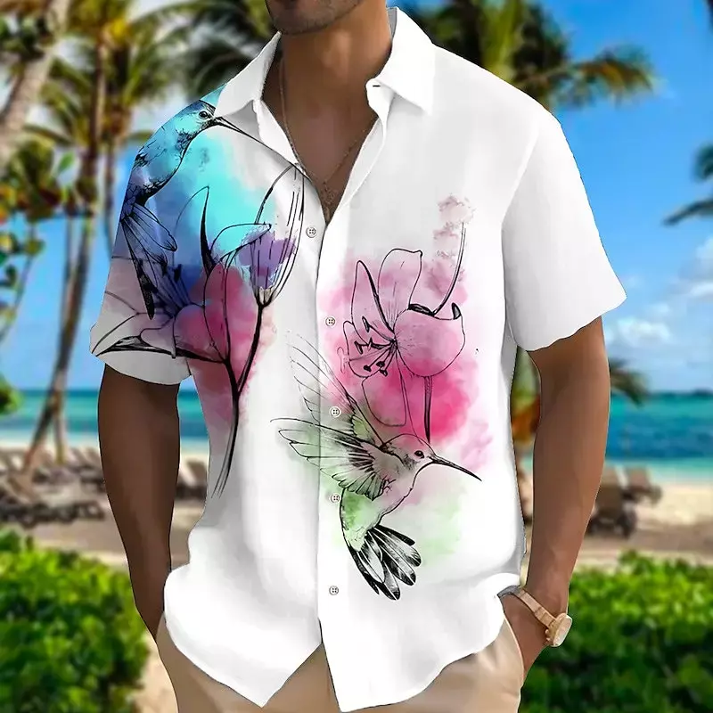 قمصان للرجال مضحكة ثلاثية الأبعاد مطبوعة ببغاء ، نمط زهرة ، قمصان قصيرة الأكمام ، قمم فضفاضة طية صدر السترة عارضة ، ملابس الشاطئ الصيفية ، الموضة