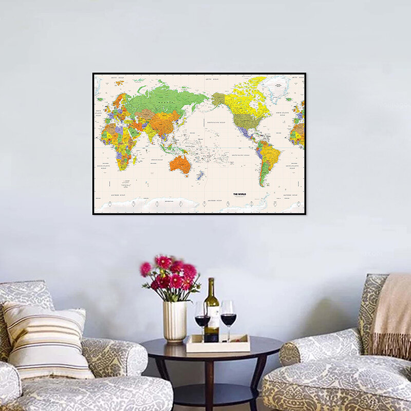 A2 حجم مطبوعة العالم خريطة المادية غرامة قماش اللوحة غير المؤطرة للمنزل مكتب جدار ديكور