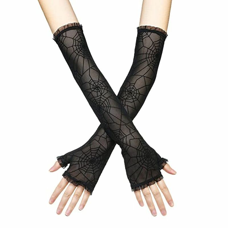 قفازات العنكبوت على شبكة الإنترنت التأثيرية بنصف الاصبع للنساء ، قفازات قوطية ، أكمام الذراع ، إكسسوار أزياء الهالوين ، قفازات طويلة ، زوج واحد