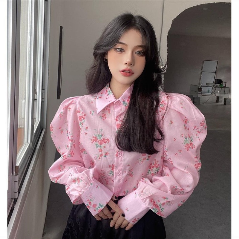 QWEEK الأزهار طباعة قميص المرأة Y2k Harajuku نفخة الأكمام البلوزات الجميلة الكورية نمط 2022 المعتاد الوردي المحاصيل الأعلى الحلو فتاة