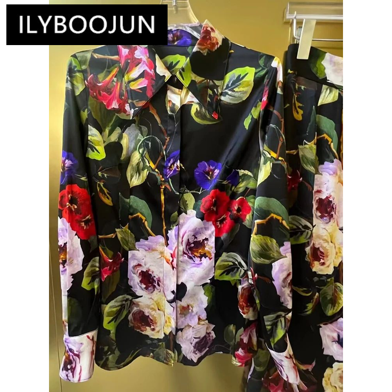 ILYBOOJUN-قميص كلاسيكي مطبوع عليه زهور للنساء ، قمم حرير ربيعية ، ياقة مطوية لأسفل ، أكمام طويلة ، صدر مفرد ، مصمم أزياء