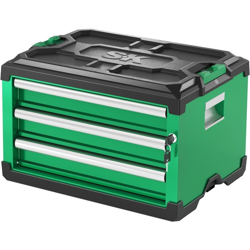 صندوق أدوات آلية القفل التلقائي الحاصل على براءة اختراع ، صندوق فولاذية من 3 أدراج ، يحمل ما يصل إلى 60 رطلاً صندوق أدوات تخزين قابل للتكديس ، صندوق أدوات تخزين