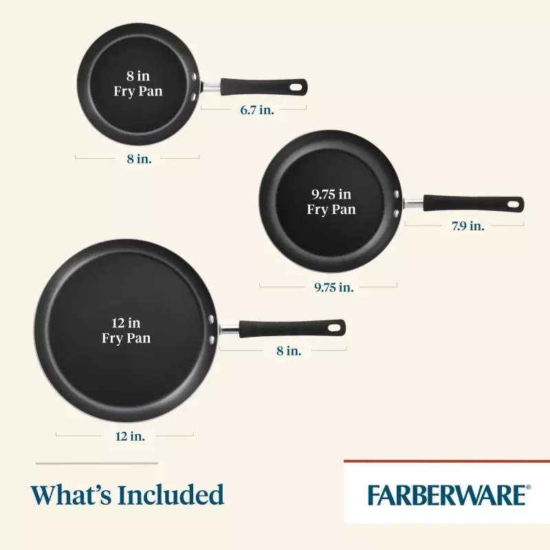 Farberware-مقالي من الألومنيوم غير لاصقة ، مقلاة مقلية ، أكوا ، سهلة التنظيف ، طقم 3 قطع