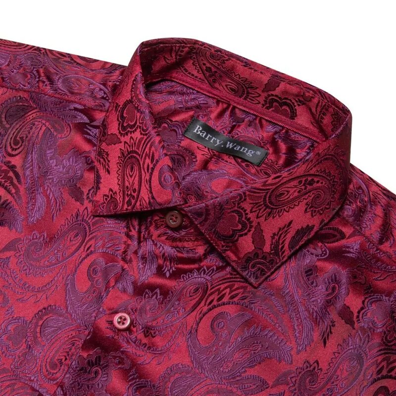 قميص برغندي للرجال المطرز بيزلي ، أكمام طويلة ، تناسب الجسم ، قمم تنفس الذكور ، مصمم الحرير ، الأحمر ، باري وانغ ، مصمم