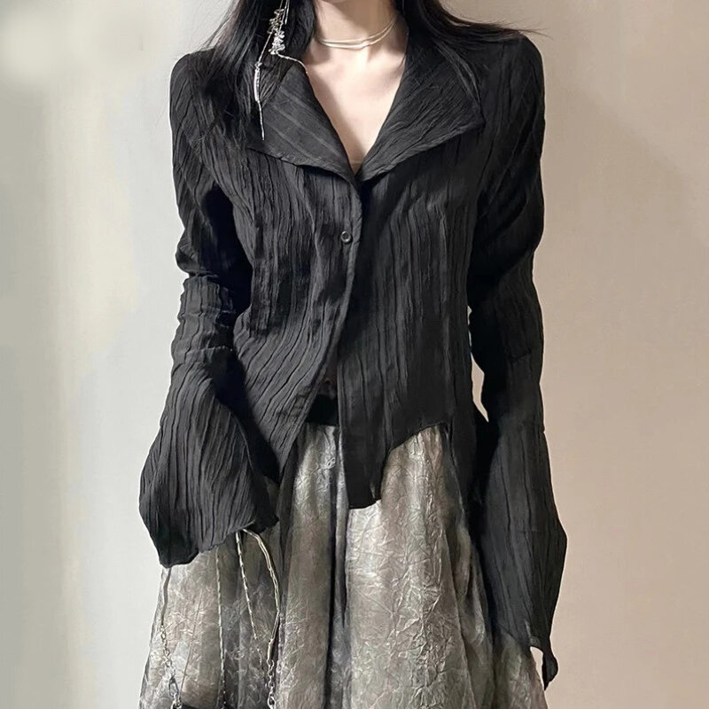 Gidyq قوطية النساء قمصان سوداء الكورية الإناث تصميم غير النظامية القمم الظلام الأكاديمية الربيع موضة الشارع الشهير Y2K بلوزة جديد