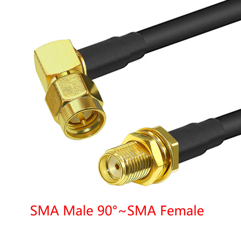 SMA ذكر إلى SMA أنثى RG58 50ohm كابل محوري تمديد موصل RPSMA التوصيل جاك الزاوية اليمنى تجعيد النحاس RF