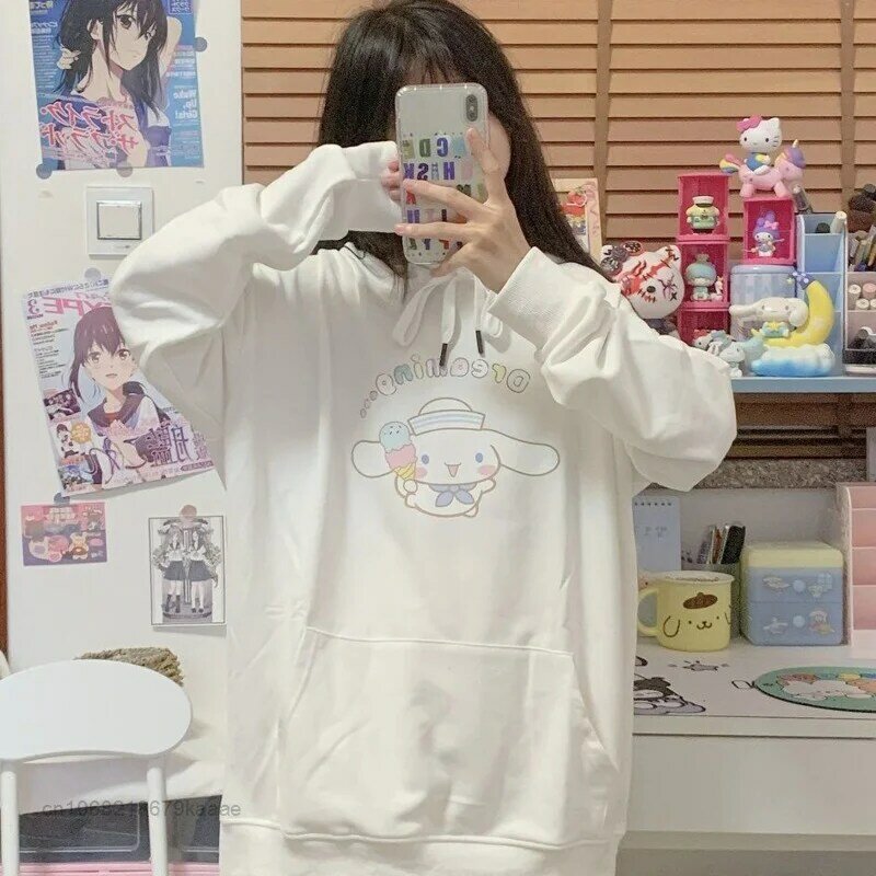 ملابس Sanrio بلوزات فضفاضة مطبوعة بأكمام طويلة للسيدات مزودة برسوم كرتونية Y2k بلوفرات جذابة على الطراز الياباني للسيدات