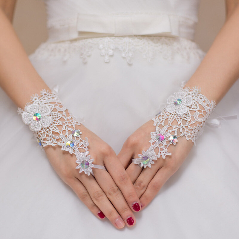 جديد الزفاف بلورات ملونة الدانتيل الدانتيل انقطاع الماس إصبع شبكة قفازات الزفاف