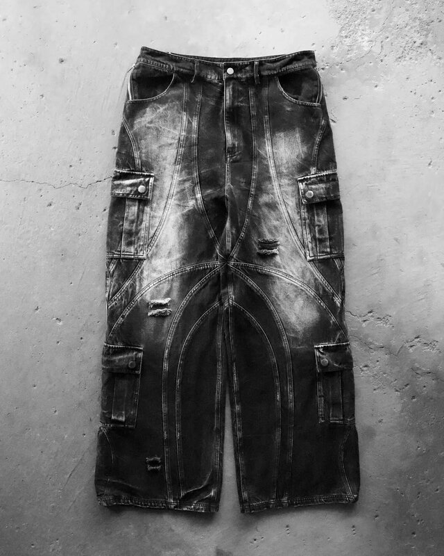 جينز رجالي قوطي بنطلون فضفاض عتيق ، صخرة سوداء ، ممزق ، جيوب متعددة ، بنطال كارجو ، خصر منخفض ، ملابس الشارع الترفيهية ، جديد ، Y2K ،