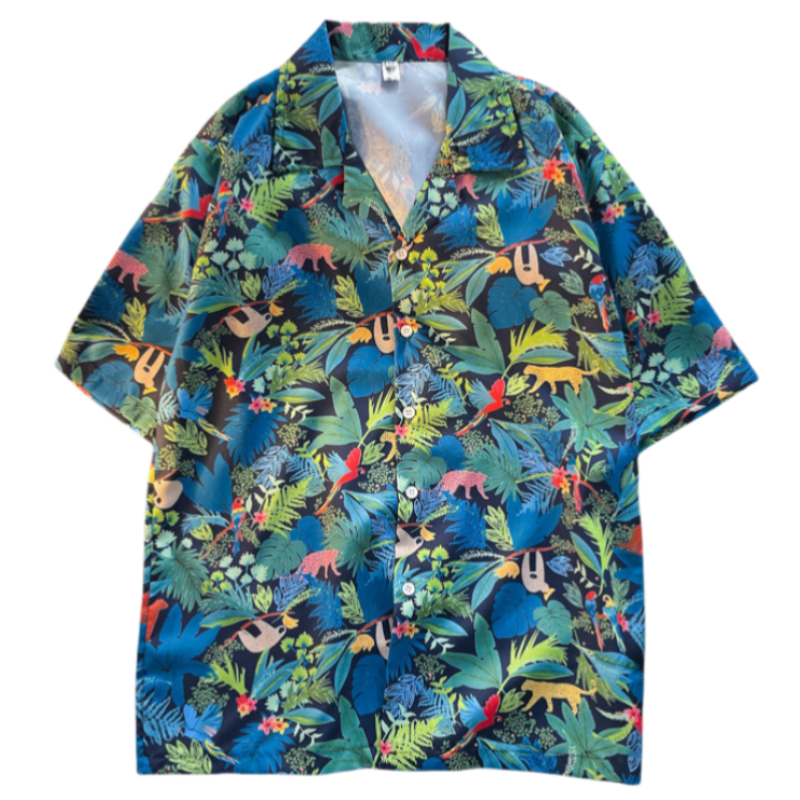 قميص رجالي قصير الأكمام بطبعة زهور ، معطف عتيق ، عطلة شاطئ غير رسمية ، فضفاض ، ياقة قلاب ، موضة صيفية