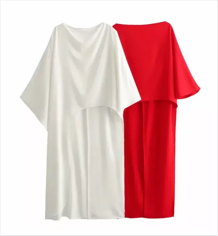 قميص نسائي طويل من الساتان الأحمر ، نمط رأس غير متماثل ، رقبة مستديرة عصرية ، نمط غير رسمي للعطلات ، الربيع ،