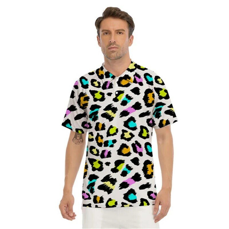 قميص بولو بأكمام قصيرة للرجال ، قمصان جولف ، تي شيرتات مطبوعة على شكل فهد ثلاثي الأبعاد ، ملابس الشارع المخططة ، بلوزة بأزرار ، توب غير رسمي ، الموضة