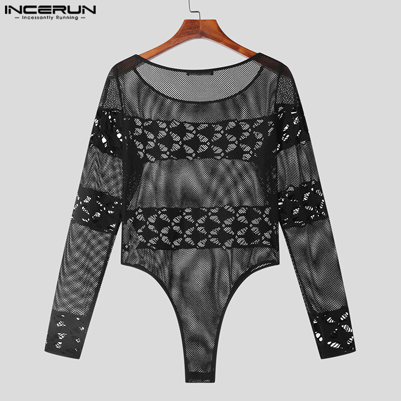INCERUN-جمبسوت رجالي بتصميم شبكي مجوف ، ملابس داخلية شفافة ، كم طويل ، مثلث ثوب فضفاض ، مثير ، ستايل غير رسمي ، S-5XL ، 2023