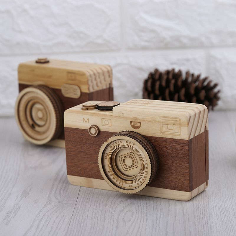 صندوق موسيقى خشبي ريترو كاميرا تصميم كلاسيكي عيد ميلاد ديكور المنزل دروبشيب